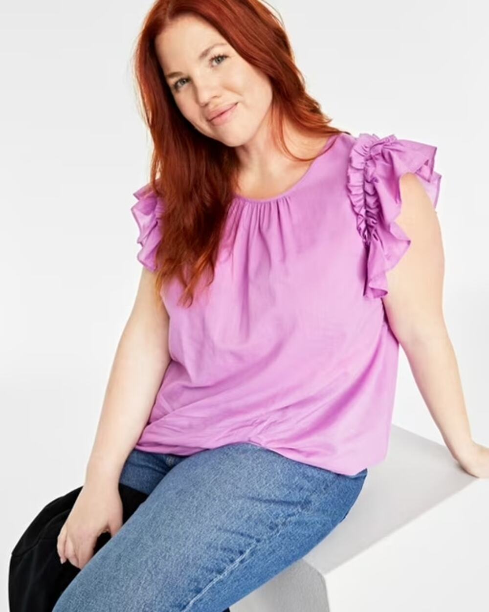ON 34TH Flutter Sleeve Blouse Purple Opal Round Neck Woven Women's XS